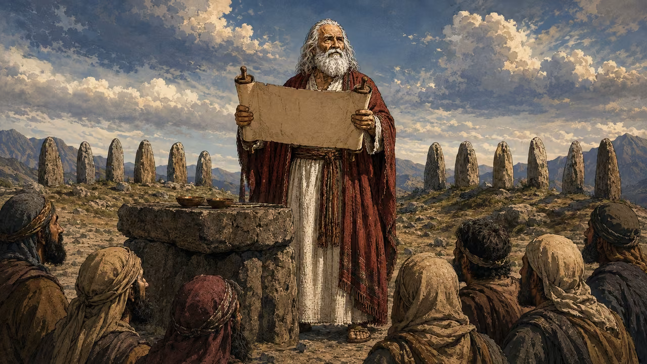 Exodus 24:1-8. The covenant sealed. Moses reads the covenant from an open rolled parchment held in both hands, viewed from its blank reverse so no lettering is visible. Rough uncut stone altar beside him with two small bowls, assembly listens. A row of exactly twelve short standing stones visible across background, six on each side of Moses. All twelve stones fully inside frame. No tablets, no graphic sacrifice, Bronze Age mountain camp. Bronze Age Exodus setting, not first-century staging. One 16:9 single scene. No text or lettering.