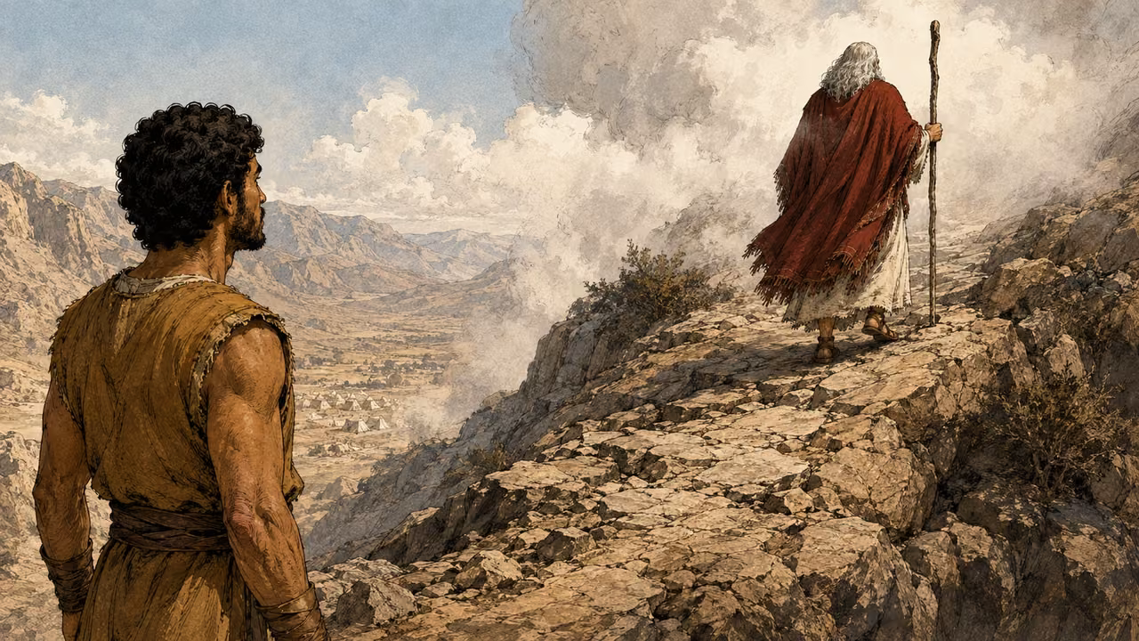 Exodus 24:12-18. Into the cloud. Moses walks uphill on a solid visible rocky mountain path into mist. Both his sandals and the staff tip visibly contact rock; he is not flying or levitating. Joshua stands on the lower ledge watching him, camp tiny in the distant valley. Show rock directly underneath Moses with mist around his shoulders, no cloud underneath his feet. Bronze Age Exodus setting, not first-century staging. One 16:9 single scene. No text or lettering.