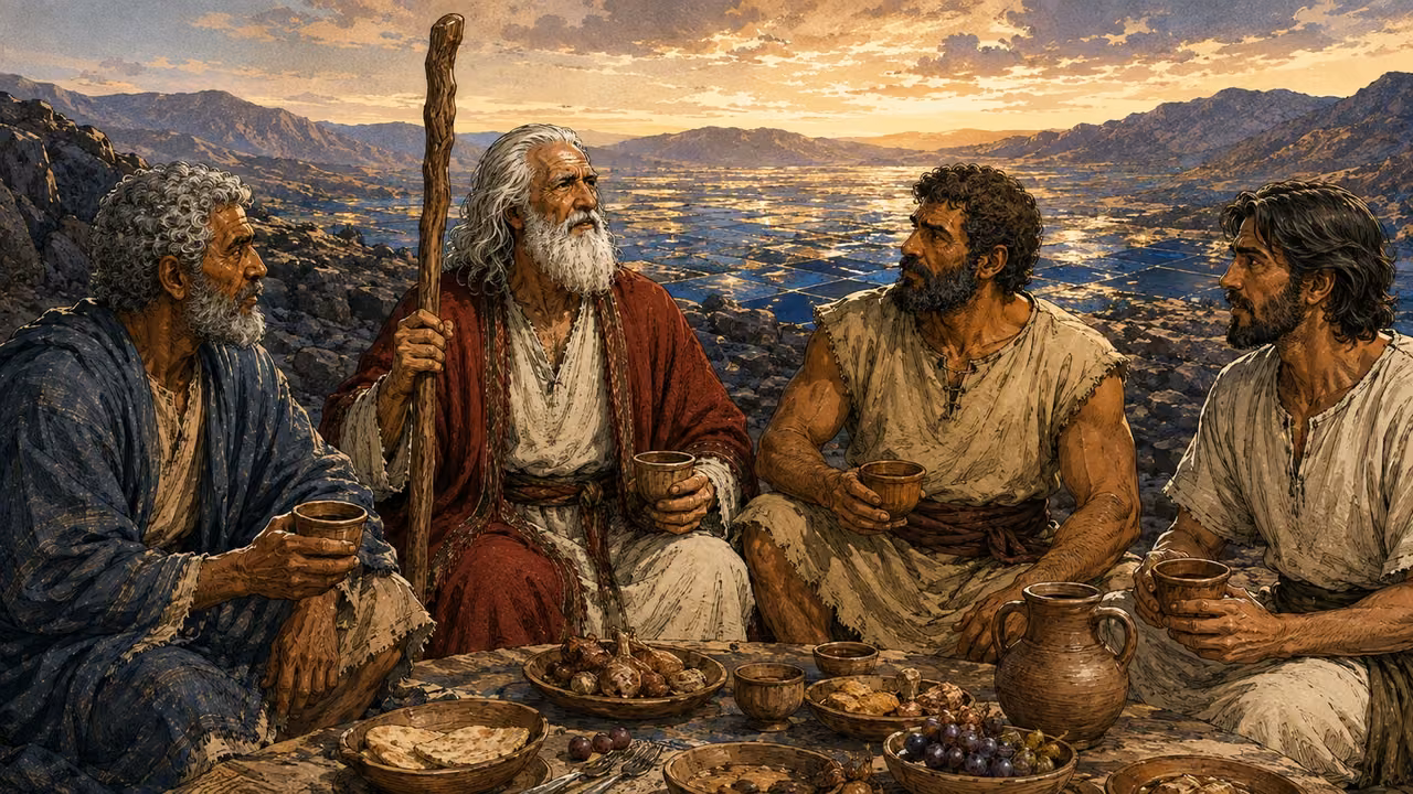 Exodus 24:9-11. The covenant meal. A respectful view of the elders sharing a meal with sapphire-like pavement beyond; no depiction of God’s face or body. Bronze Age Exodus setting, not first-century staging. One 16:9 single scene. No text or lettering.