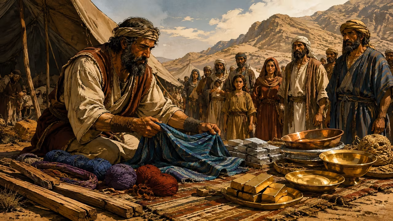Exodus 25:1-9. A sanctuary among them. Instructional visual essay: gold, silver, bronze, yarn and acacia wood arranged on woven cloth; sanctuary not built yet. Bronze Age Exodus setting, not first-century staging. One 16:9 single scene. No text or lettering.