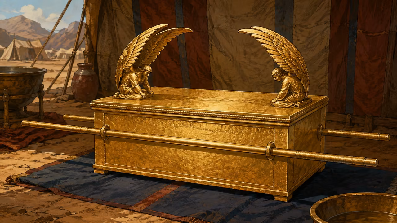 Exodus 25:10-22. The ark. Clearly labeled outside-image design study of acacia chest overlaid with gold, carrying poles, two winged cherubim facing inward; no text in image. Bronze Age Exodus setting, not first-century staging. One 16:9 single scene. No text or lettering.