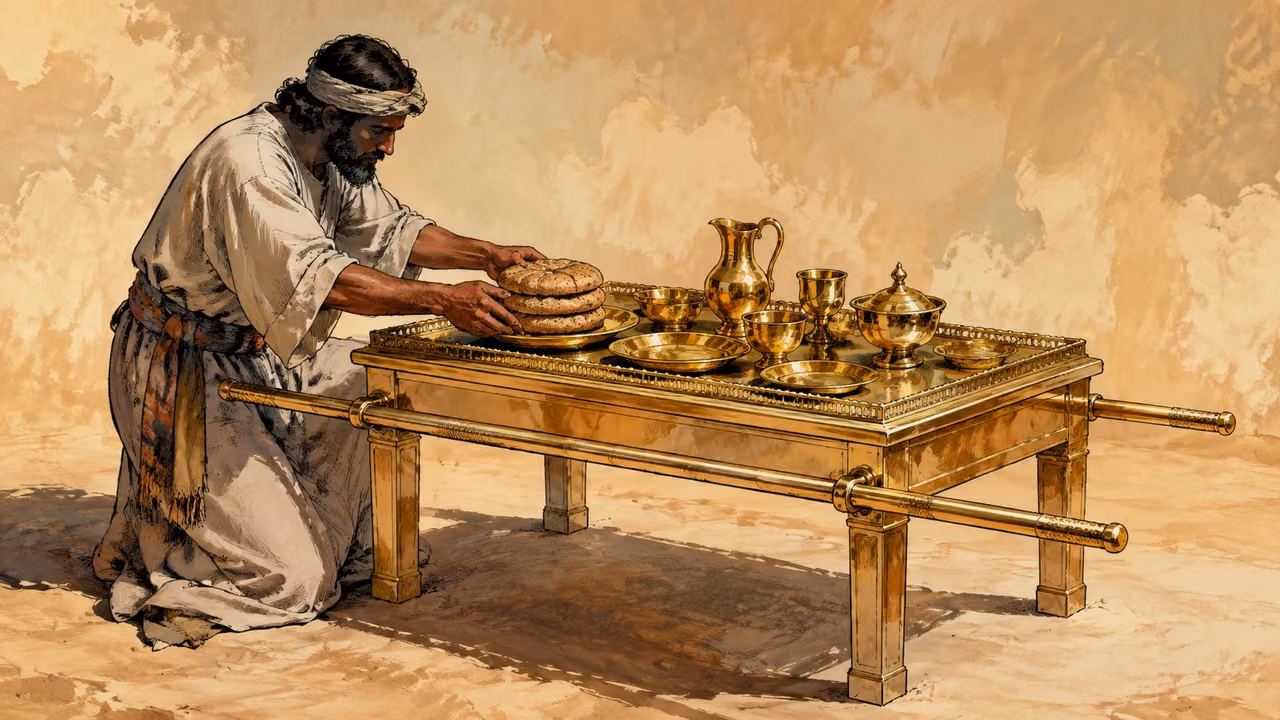 Exodus 25:23-30. The table. Instructional object study of gold-overlaid table with carrying poles and bread, no temple architecture. Bronze Age Exodus setting, not first-century staging. One 16:9 single scene. No text or lettering.