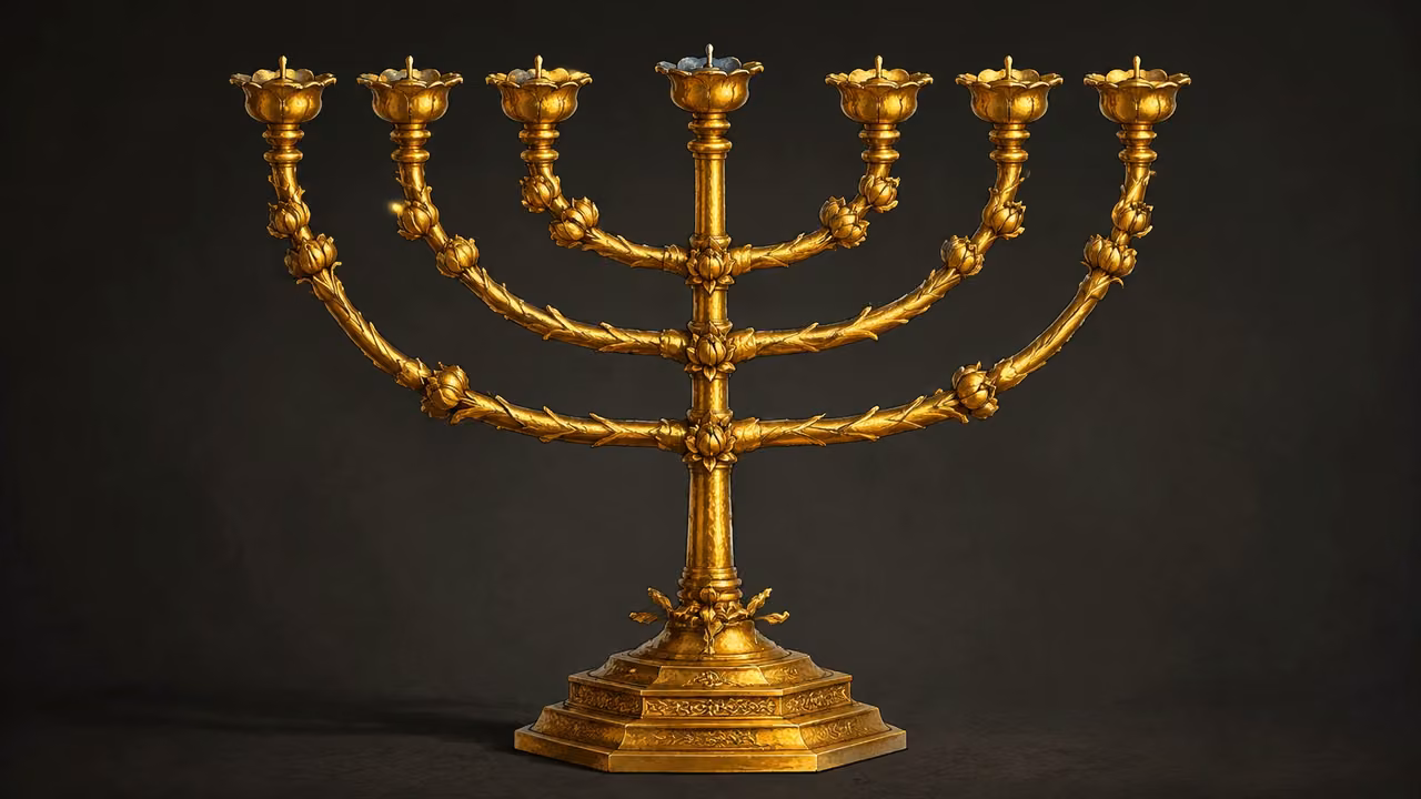 Exodus 25:31-40. The lampstand. Object-only frontal design study of the gold lampstand, completely unobstructed, centered against a plain dark neutral background. Exactly seven small oil lamps visible: one central lamp and three on each side, symmetrical. No people, hands, tools, workshop activity, text or candles. Show entire base and every branch clearly. Bronze Age Exodus setting, not first-century staging. One 16:9 single scene. No text or lettering.