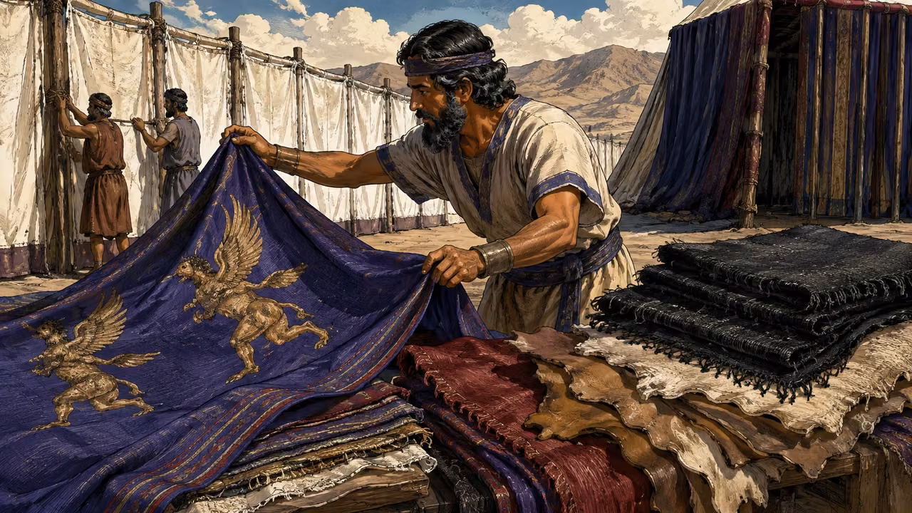 Exodus 26:1-14. Curtains and coverings. Instructional material study: blue purple scarlet linen with cherubim, goat hair cloth and skin coverings folded separately. Bronze Age Exodus setting, not first-century staging. One 16:9 single scene. No text or lettering.