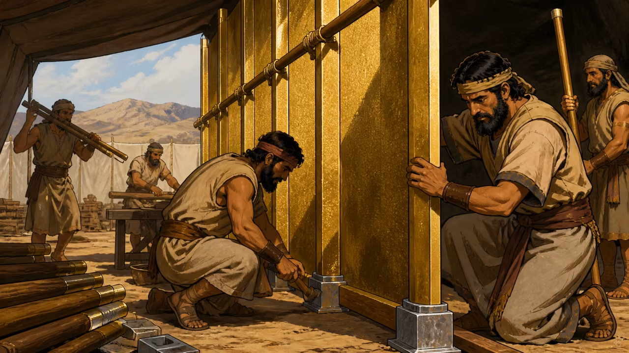 Exodus 26:15-30. Frames and bases. Instructional structural study of upright gold-covered acacia frames in silver bases, wooden crossbars. Bronze Age Exodus setting, not first-century staging. One 16:9 single scene. No text or lettering.