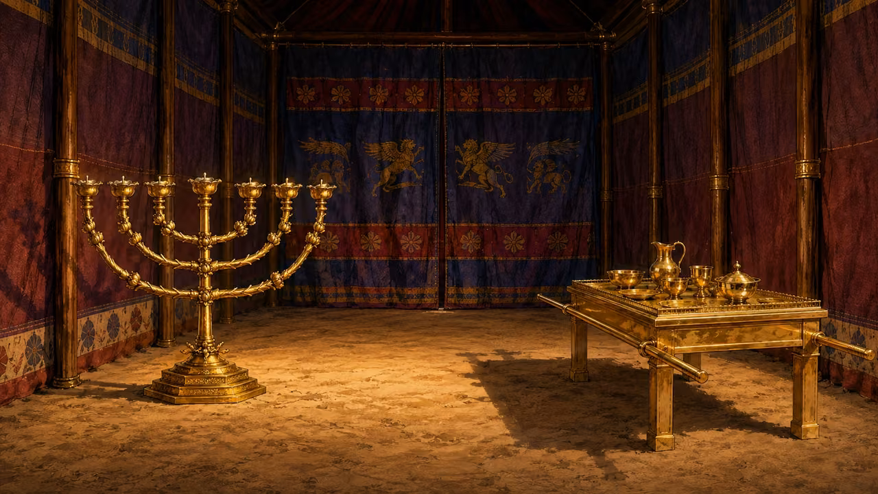 Exodus 26:31-37. Veil and entrance. Instructional interior design study looking west from east entrance: closed blue-purple-scarlet embroidered veil far end. Gold table viewer right (north), gold seven-lamp lampstand viewer left (south). Turn lampstand frontally toward camera so EXACTLY SEVEN separate lamp bowls are fully visible without overlap: three left, central one, three right, matching the reference. Empty interior, no people, ark or service. No text. Count seven visible bowls carefully. Bronze Age Exodus setting, not first-century staging. One 16:9 single scene. No text or lettering.