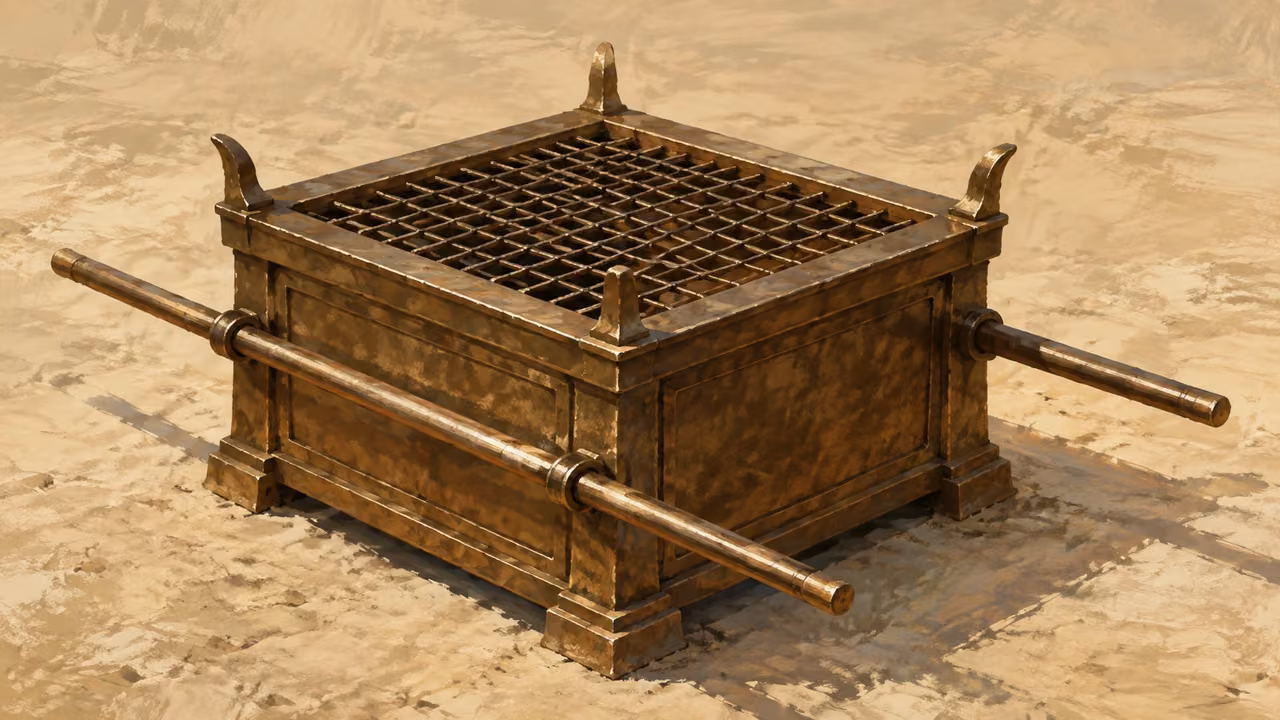 Exodus 27:1-8. The bronze altar. Object-only three-quarter instructional design study of broad square bronze altar, all four short corner horns visible, bronze grating and two parallel carrying poles. Plain neutral desert backdrop. No people, sacrifice, fire, text or temple architecture. Bronze Age Exodus setting, not first-century staging. One 16:9 single scene. No text or lettering.