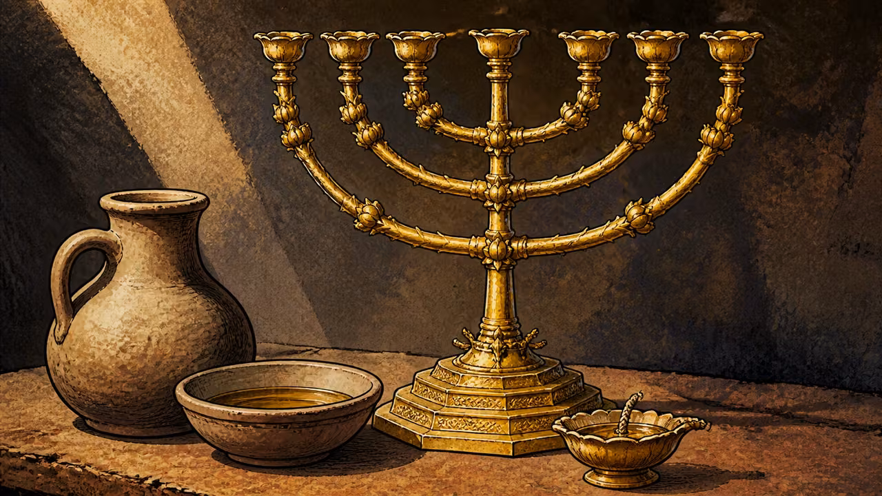 Exodus 27:20-21. Oil for the lamps. Close object study of plain clay olive-oil jug and bowl beside the base of the referenced gold lampstand, one small oil lamp cup with linen wick prominent. No people, no installed service, no lettering. Instructional materials illustration. Bronze Age Exodus setting, not first-century staging. One 16:9 single scene. No text or lettering.