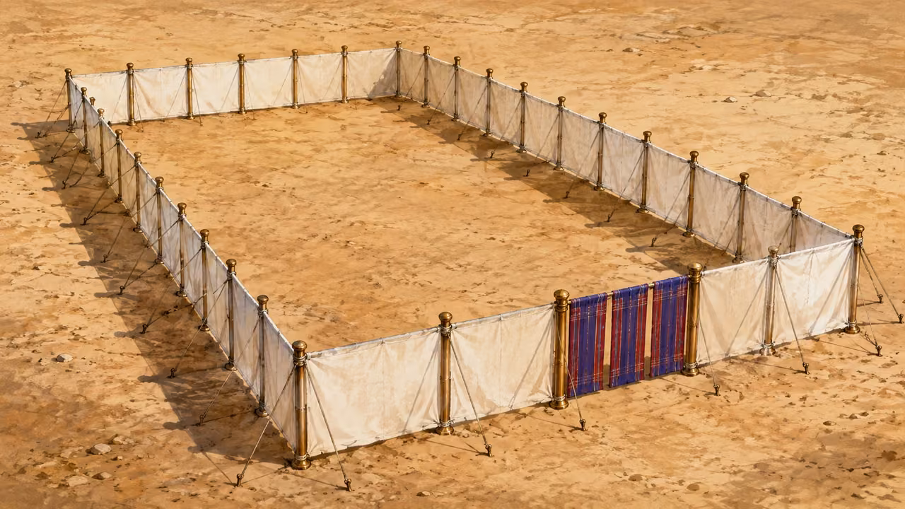 Exodus 27:9-19. The courtyard. Instructional overhead oblique study of the rectangular linen courtyard enclosure, length twice width, one colored blue-purple-scarlet entrance screen centered on the short eastern side. Plain desert ground inside, no people or service, no buildings outside this courtyard study. Linen hangs between evenly spaced posts. No text or labels. Bronze Age Exodus setting, not first-century staging. One 16:9 single scene. No text or lettering.
