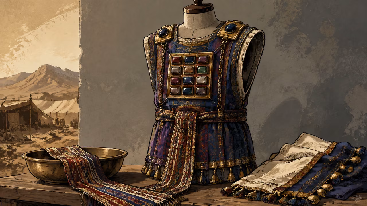 Exodus 28:1-14. Garments for service. Design study of Aaron’s ephod, shoulder stones and woven sash, displayed on a neutral form; not yet worn in narrative. Bronze Age Exodus setting, not first-century staging. One 16:9 single scene. No text or lettering.