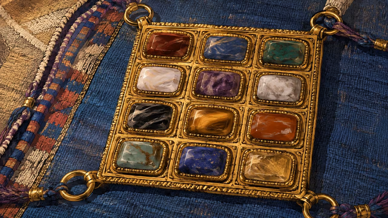 Exodus 28:15-30. The breastpiece. Close design study of twelve distinct gemstones in four rows of three, gold settings and woven cloth; no generated names. OBJECT ONLY: laid flat on woven fabric, no people, faces, bodies or hands. Bronze Age Exodus setting, not first-century staging. One 16:9 single scene. No text or lettering.