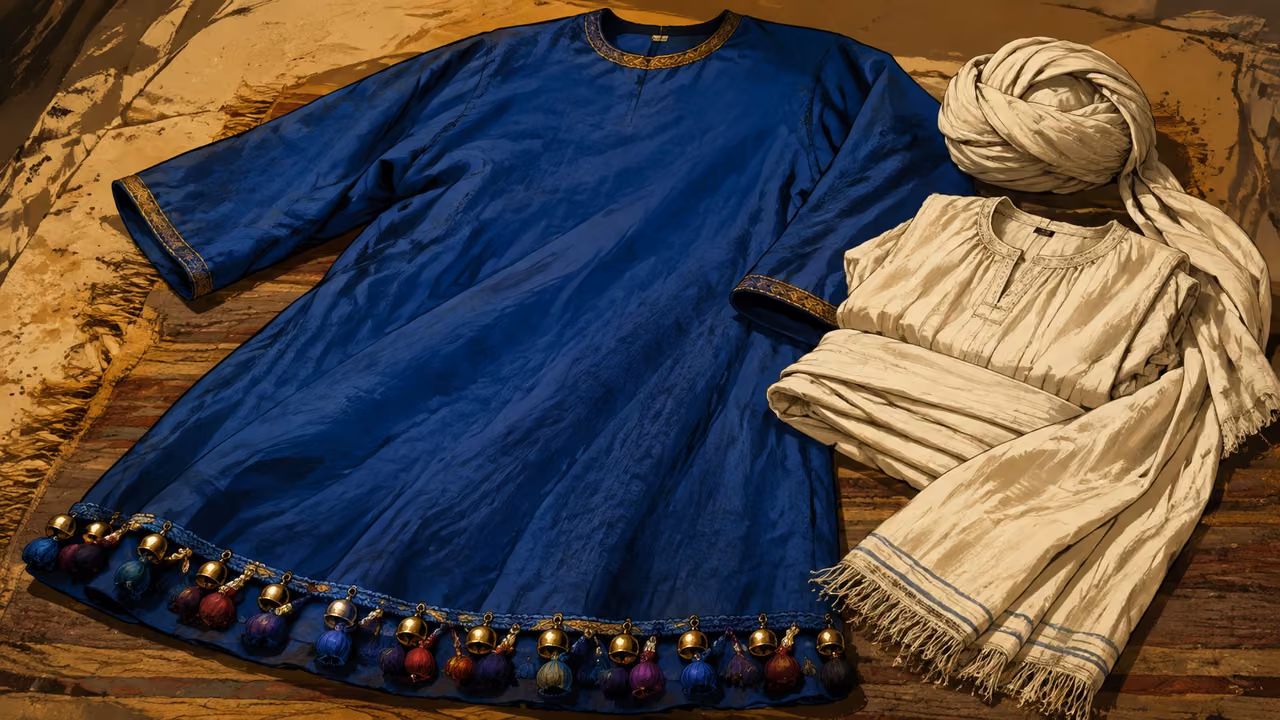 Exodus 28:31-43. Robe, turban and linen. Object-only design study: blue robe with small gold bells alternating with blue purple scarlet yarn pomegranate pendants along its bottom hem, linen tunic and linen turban laid out modestly. No person, face or hands. Robe has simple reinforced round neck opening. No lettering. Bronze Age Exodus setting, not first-century staging. One 16:9 single scene. No text or lettering.