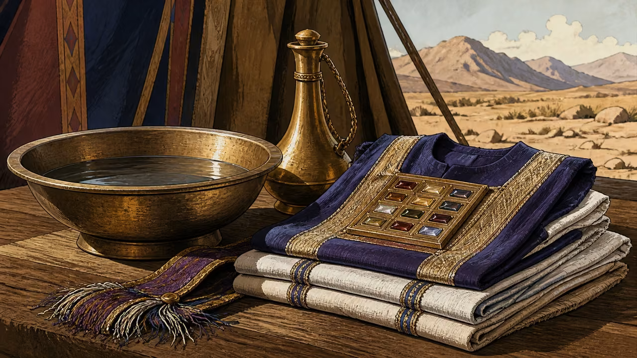 Exodus 29:1-9. Consecration instructed. Instructional visual essay of wash basin, oil flask and folded priestly garments; no premature enacted ordination. Objects only: no people, faces, bodies or hands. Bronze Age Exodus setting, not first-century staging. One 16:9 single scene. No text or lettering.