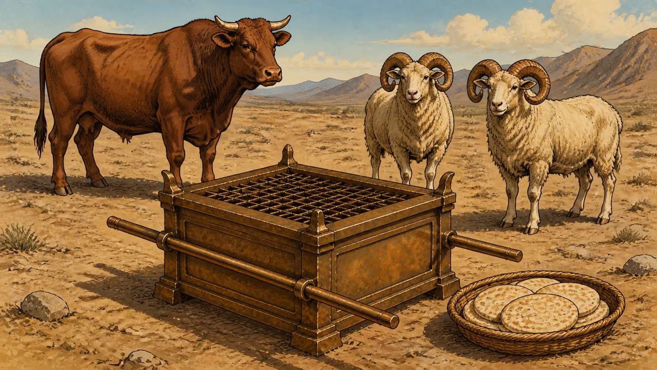 Exodus 29:10-28. Offerings for consecration. Instructional still-life visual essay of bronze altar, basket of flat unleavened bread, one bull and two rams standing unharmed. No people, faces, hands or enacted ritual. The animals are alive and calm. Exact details carried by Scripture. Bronze Age Exodus setting, not first-century staging. One 16:9 single scene. No text or lettering.