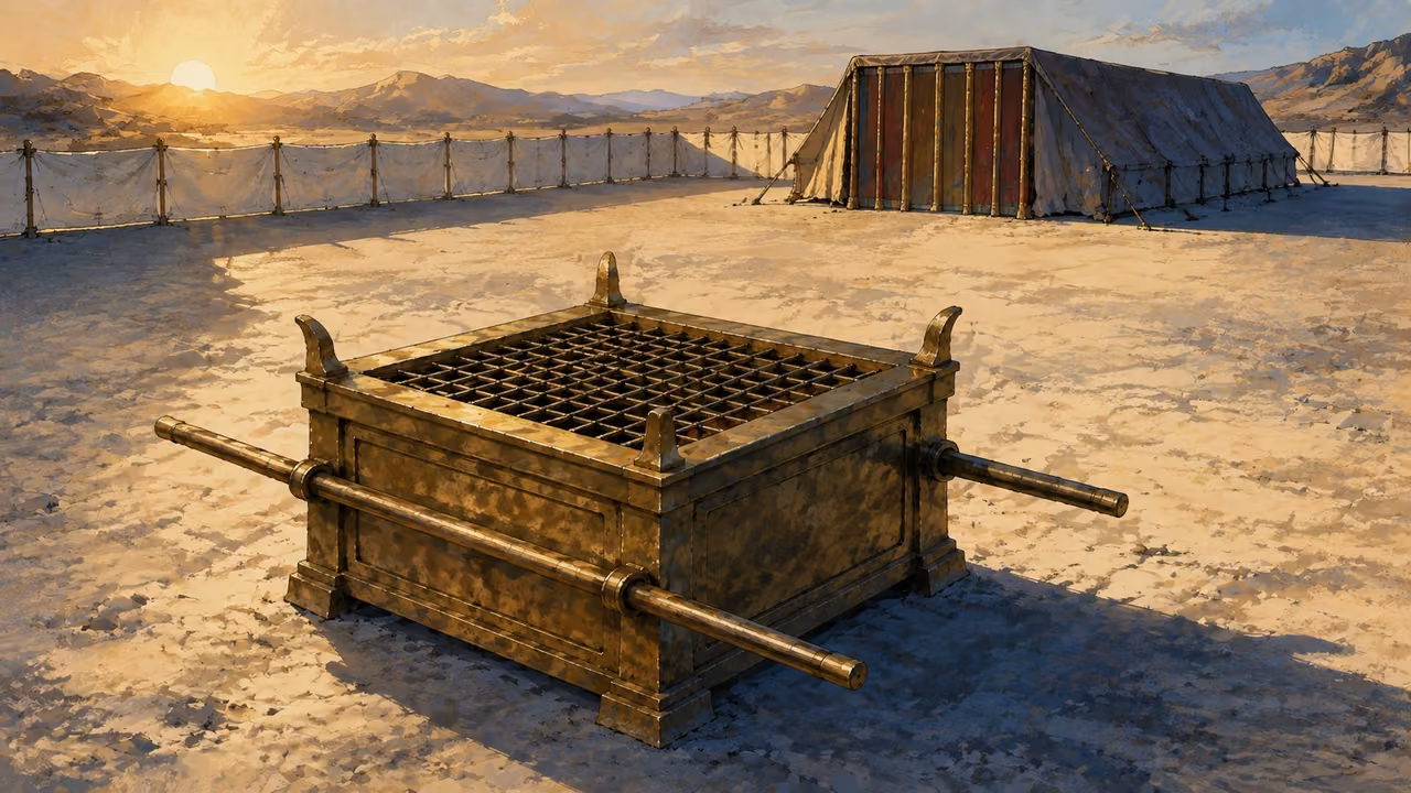 Exodus 29:29-46. I will dwell among them. Instructional sanctuary exterior at dawn, bronze altar and rectangular covered tabernacle tent inside linen courtyard, a visual anticipation explicitly labeled in editorial copy. No people or enacted ritual. No divine figure. Bronze Age Exodus setting, not first-century staging. One 16:9 single scene. No text or lettering.