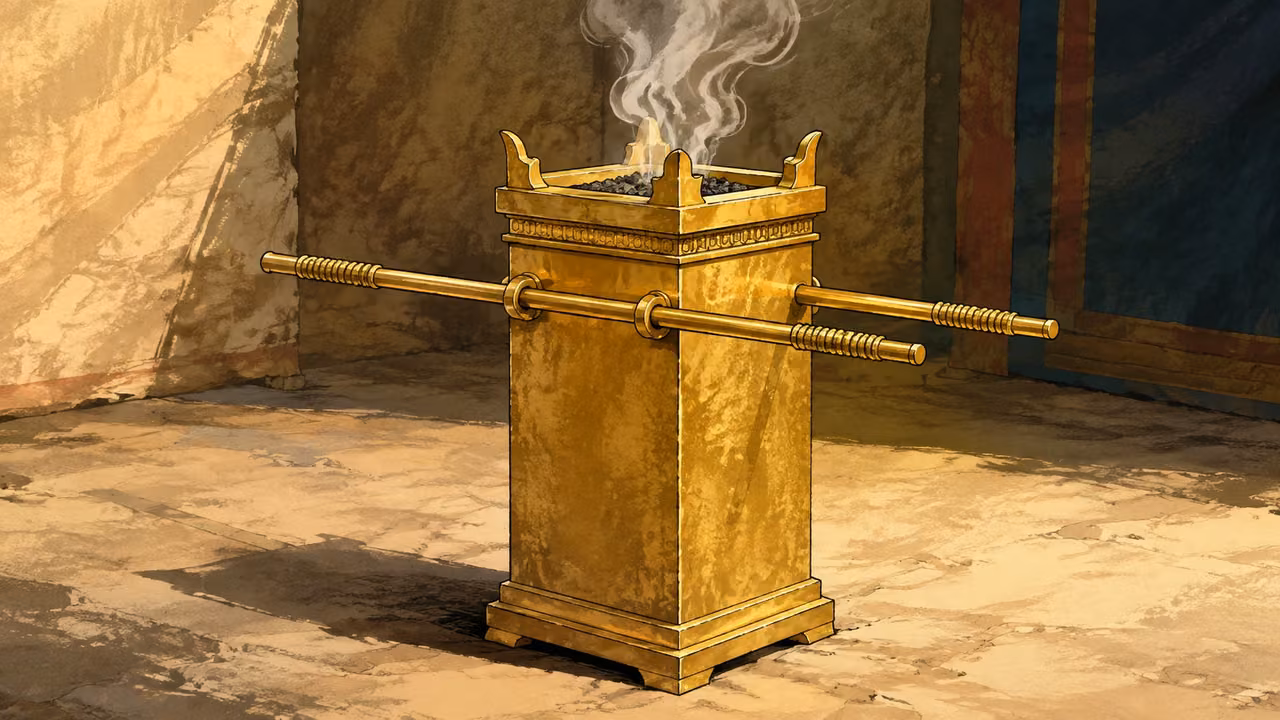 Exodus 30:1-10. The incense altar. Object-only design study of gold-covered incense altar with four horns, carrying poles and restrained fragrant smoke. No people, faces or hands. Bronze Age Exodus setting, not first-century staging. One 16:9 single scene. No text or lettering.