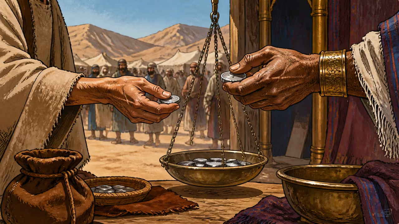 Exodus 30:11-16. The census contribution. Instructional tableau of rich and poor adult hands offering the same weighed silver amount. Bronze Age Exodus setting, not first-century staging. One 16:9 single scene. No text or lettering.