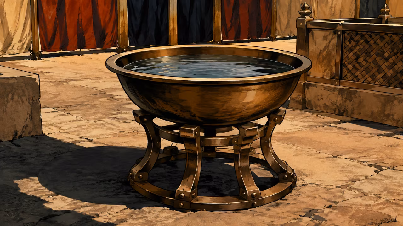 Exodus 30:17-21. The basin. Object-only design study of bronze washing basin and stand in courtyard arrangement. No people, faces or hands. Bronze Age Exodus setting, not first-century staging. One 16:9 single scene. No text or lettering.
