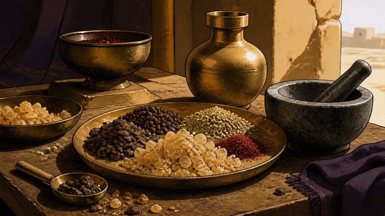 Exodus 30:22-38. Oil and incense. Object-only design study of measured spices, oil jar and mortar on worktable, no modern labels. No people, faces or hands. Bronze Age Exodus setting, not first-century staging. One 16:9 single scene. No text or lettering.