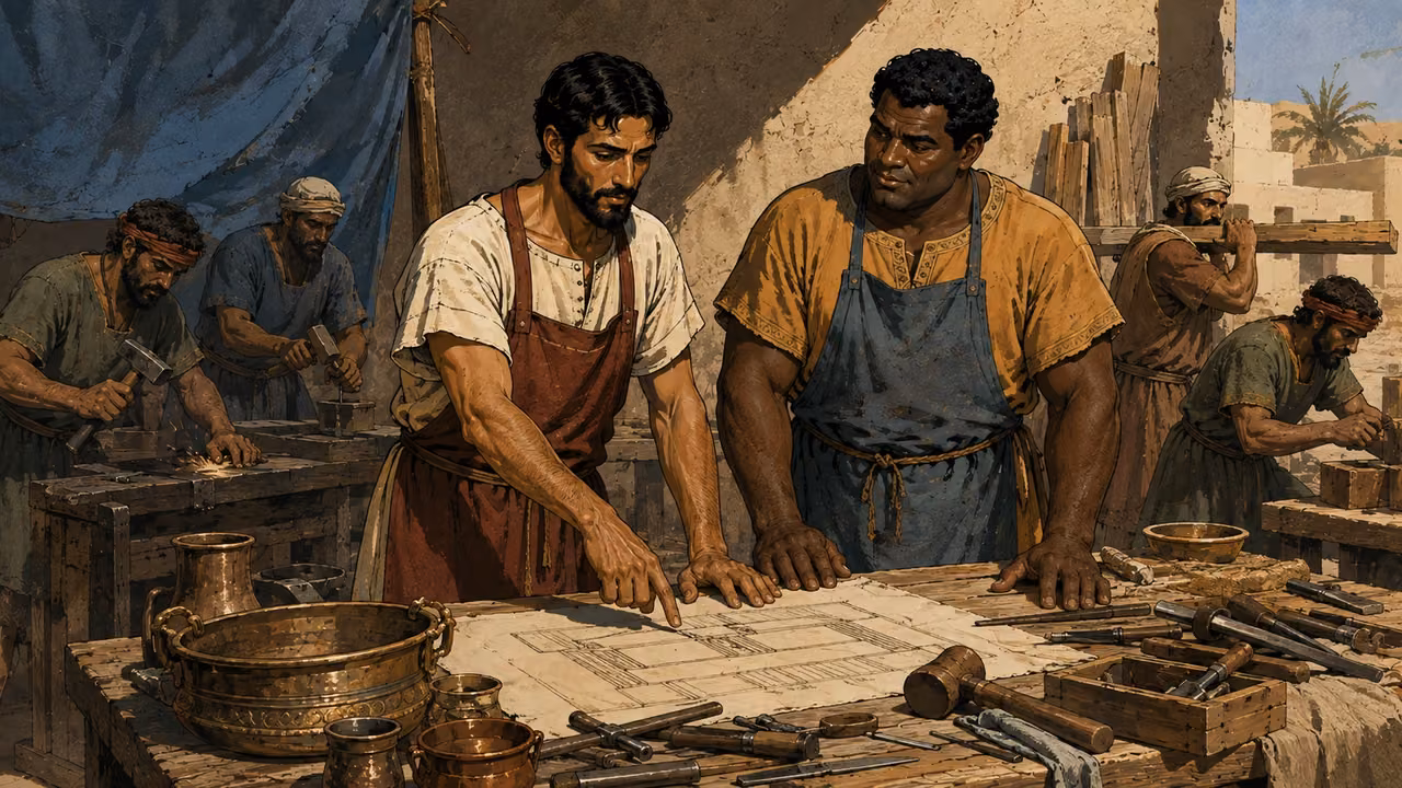 Exodus 31:1-11. Wisdom for the work. Portrait of Bezalel and Oholiab with artisans and their tools, design commission rather than completed work. Bronze Age Exodus setting, not first-century staging. One 16:9 single scene. No text or lettering.