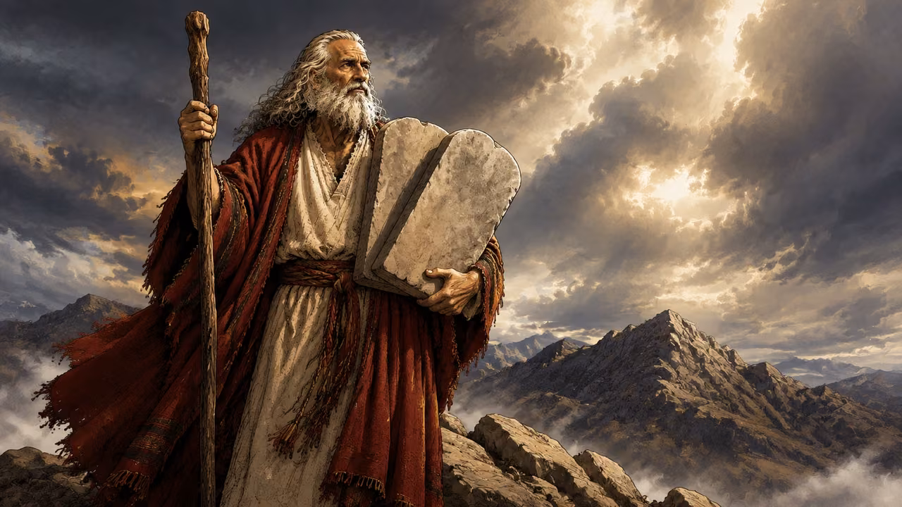 Exodus 31:12-18. Sabbath and tablets. Moses holding two plain stone tablets at clouded Sinai, no human divine hand and no generated script. Bronze Age Exodus setting, not first-century staging. One 16:9 single scene. No text or lettering.