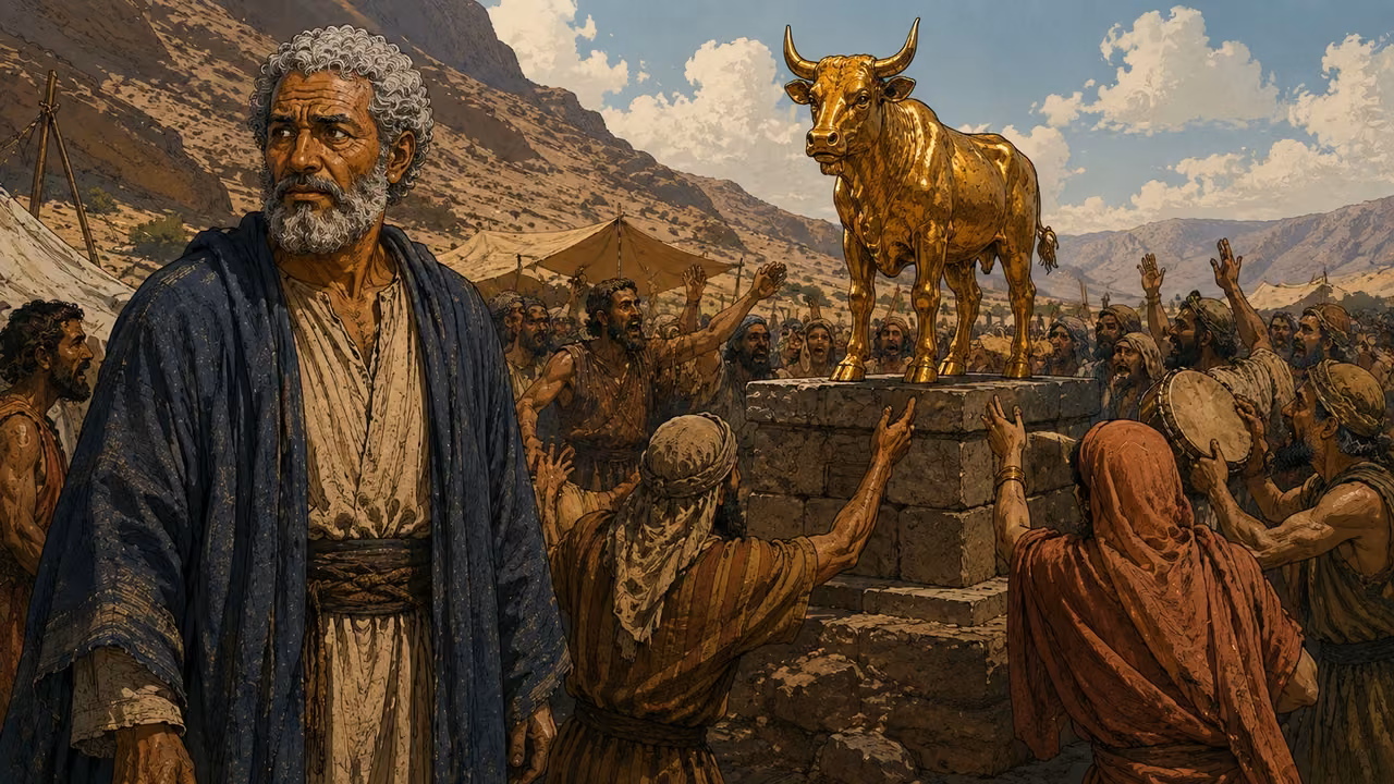 Exodus 32:1-6. The golden calf. Aaron stands uneasily beside a golden calf as people gather around it; no nudity, no glamorizing worship. Bronze Age Exodus setting, not first-century staging. One 16:9 single scene. No text or lettering.
