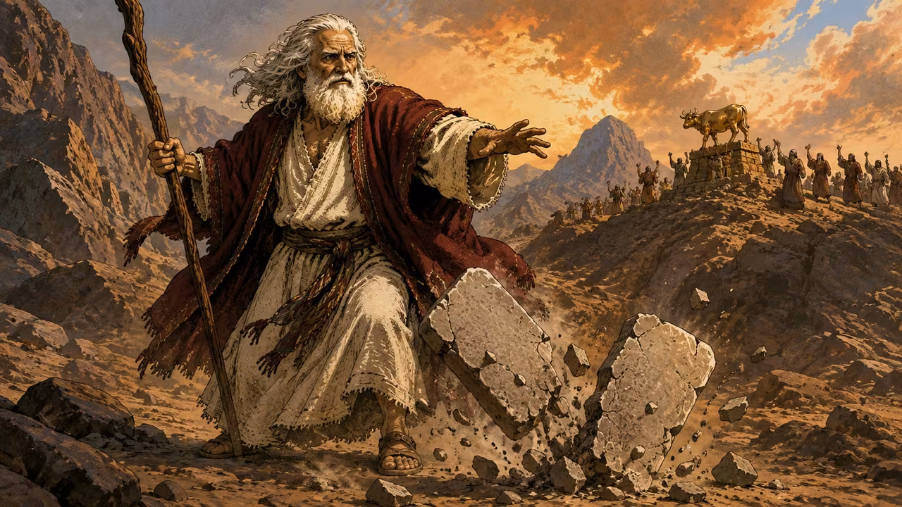 Exodus 32:15-20. The tablets shattered. Moses casts down two stone tablets at the mountain foot, fragments striking ground; calf distant. Bronze Age Exodus setting, not first-century staging. One 16:9 single scene. No text or lettering.
