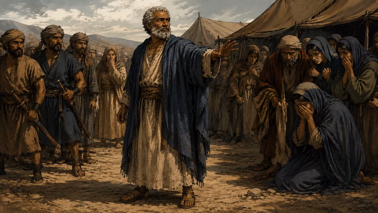 Exodus 32:21-29. The cost of betrayal. Sober aftermath in camp with grieving adults and sheathed swords, no graphic killing. Bronze Age Exodus setting, not first-century staging. One 16:9 single scene. No text or lettering.