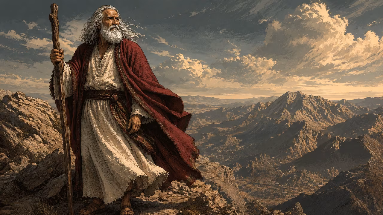 Exodus 32:30-35. A plea for forgiveness. Moses ascends again alone, cloak heavy in wind, burdened expression. Bronze Age Exodus setting, not first-century staging. One 16:9 single scene. No text or lettering.