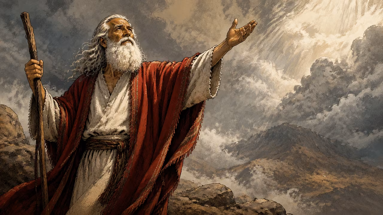 Exodus 32:7-14. Moses intercedes. Moses alone in mountain cloud, hands open in urgent appeal. Bronze Age Exodus setting, not first-century staging. One 16:9 single scene. No text or lettering.