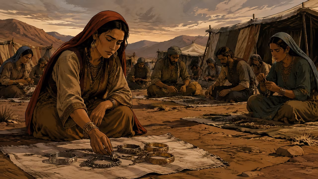 Exodus 33:1-6. A threatened departure. Israelite men and women lay ornaments aside in a silent camp. Focus on ordinary adults removing bracelets and setting them on cloth. No Moses, Aaron, leader or staff-bearing figure. Bronze Age Exodus setting, not first-century staging. One 16:9 single scene. No text or lettering.