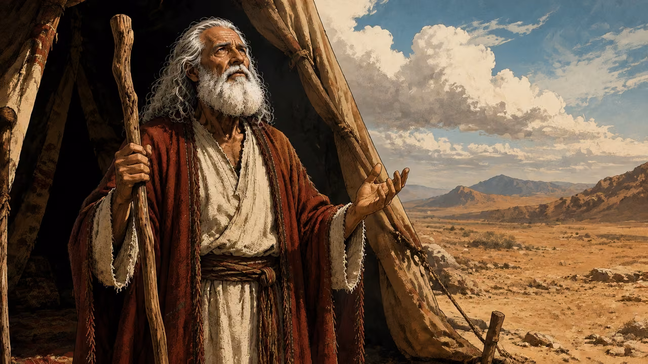 Exodus 33:12-17. Do not send us alone. Moses stands at tent entrance in earnest prayer, empty wilderness beyond. Bronze Age Exodus setting, not first-century staging. One 16:9 single scene. No text or lettering.