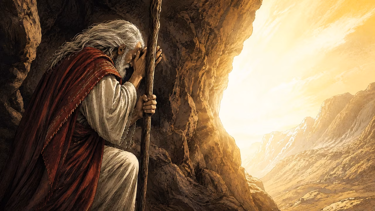Exodus 33:18-23. A glimpse of glory. Moses sheltered in rocky cleft, face hidden against stone, overwhelming warm light beyond; no divine anatomy. Bronze Age Exodus setting, not first-century staging. One 16:9 single scene. No text or lettering.