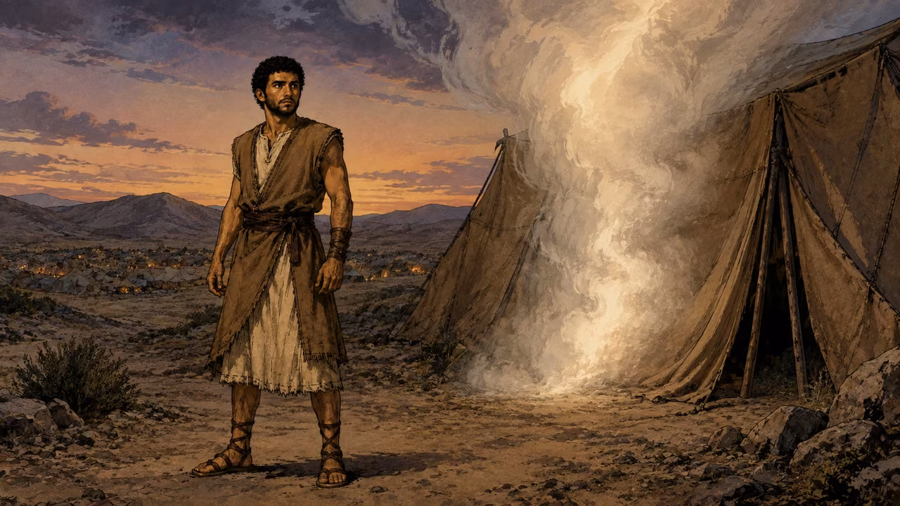 Exodus 33:7-11. The tent outside the camp. Cloud pillar at entrance of a separate simple meeting tent outside camp; Joshua near tent, no tabernacle confusion. The cloud physically descends immediately onto the tent doorway beside Joshua, obscuring part of that doorway. No distant cloud column; the distant camp is clear. Bronze Age Exodus setting, not first-century staging. One 16:9 single scene. No text or lettering.