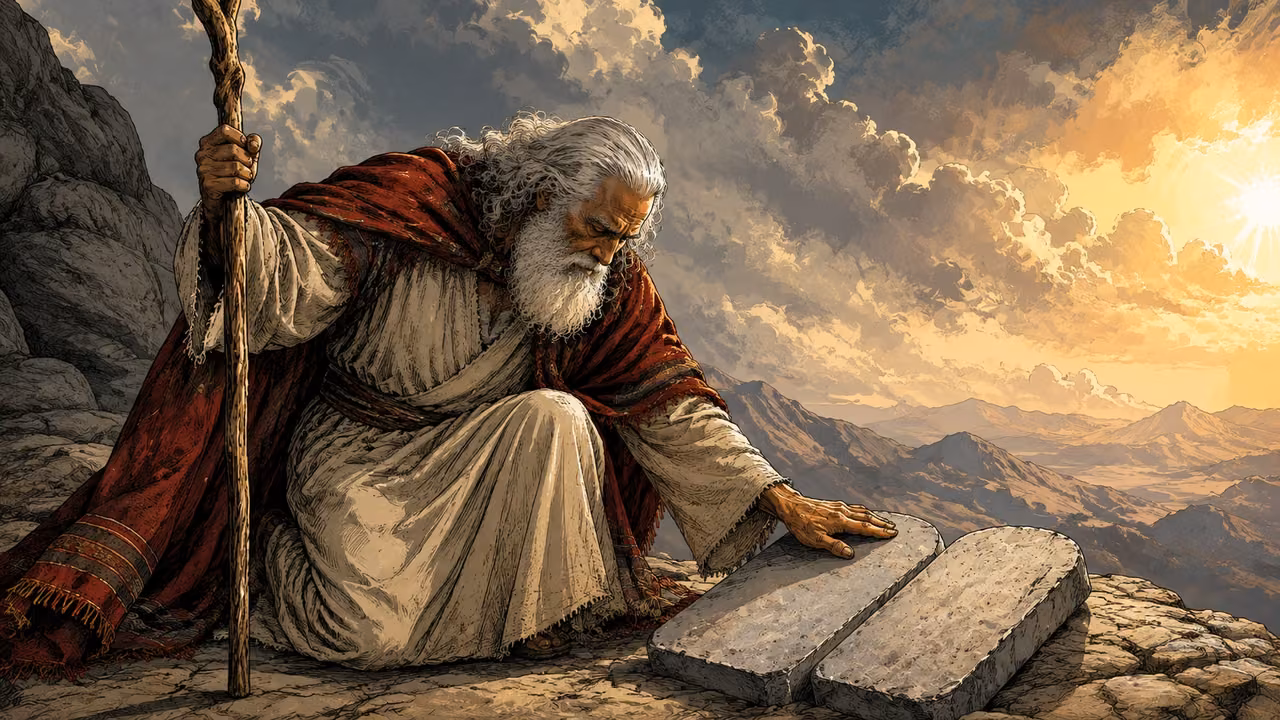 Exodus 34:1-9. The covenant renewed. Moses bows on Sinai beside two new stone tablets, cloud and dawn light. Bronze Age Exodus setting, not first-century staging. One 16:9 single scene. No text or lettering.