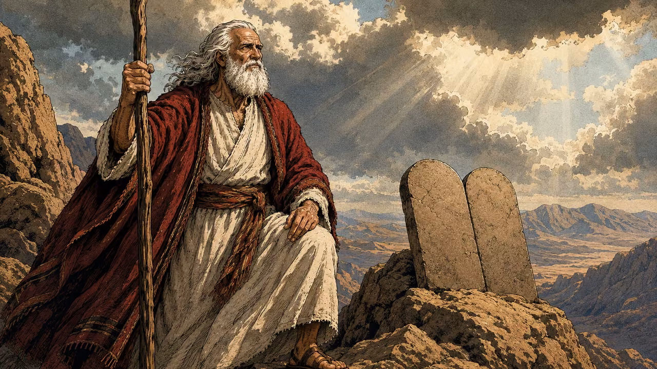 Exodus 34:10-28. Renewed obligations. Moses beside new tablets on mountain, attentive and solemn; laws in attached Scripture. Bronze Age Exodus setting, not first-century staging. One 16:9 single scene. No text or lettering.
