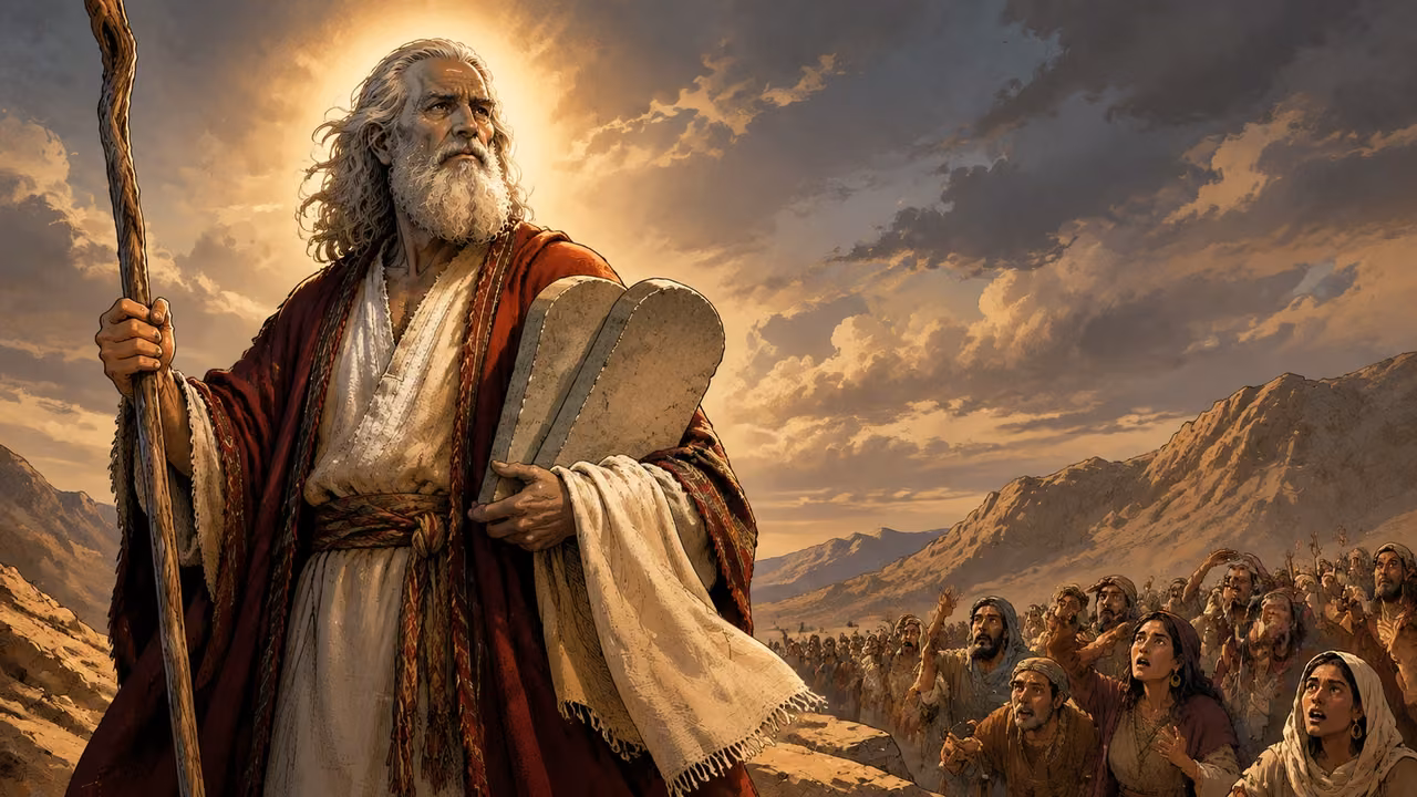 Exodus 34:29-35. The shining face. Moses holds tablets while a linen veil is in his hand; gentle luminous face without horns, frightened assembly at a distance. Bronze Age Exodus setting, not first-century staging. One 16:9 single scene. No text or lettering.