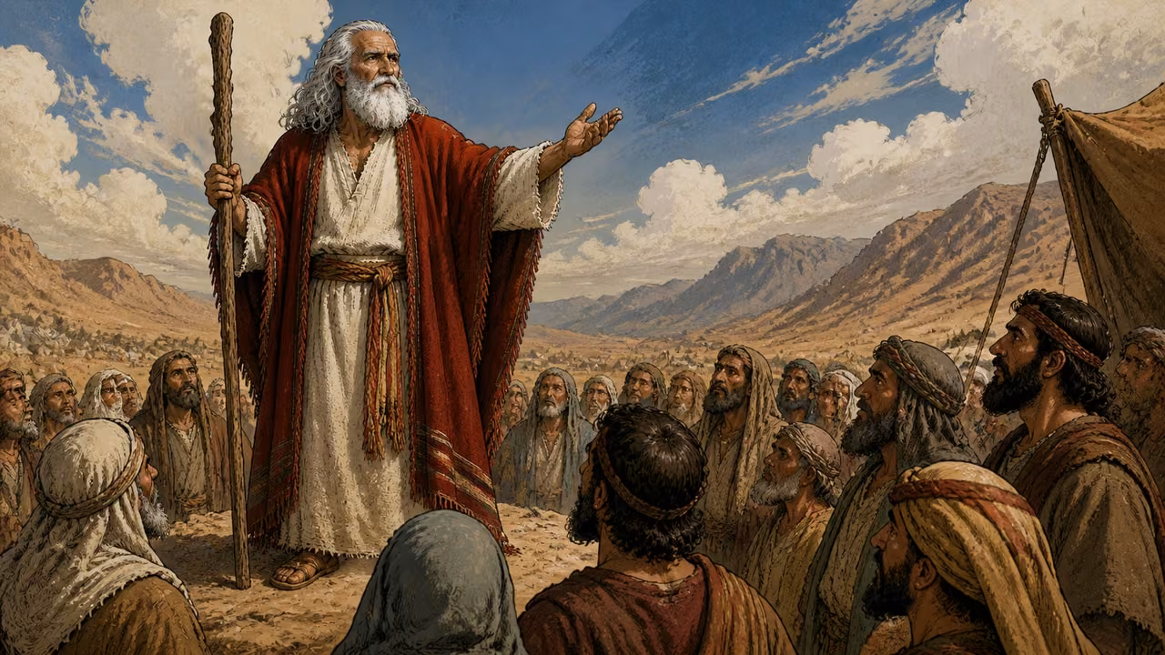 Exodus 35:1-3. Sabbath first. Moses addresses a settled assembly in the wilderness camp. Bronze Age Exodus setting, not first-century staging. One 16:9 single scene. No text or lettering.