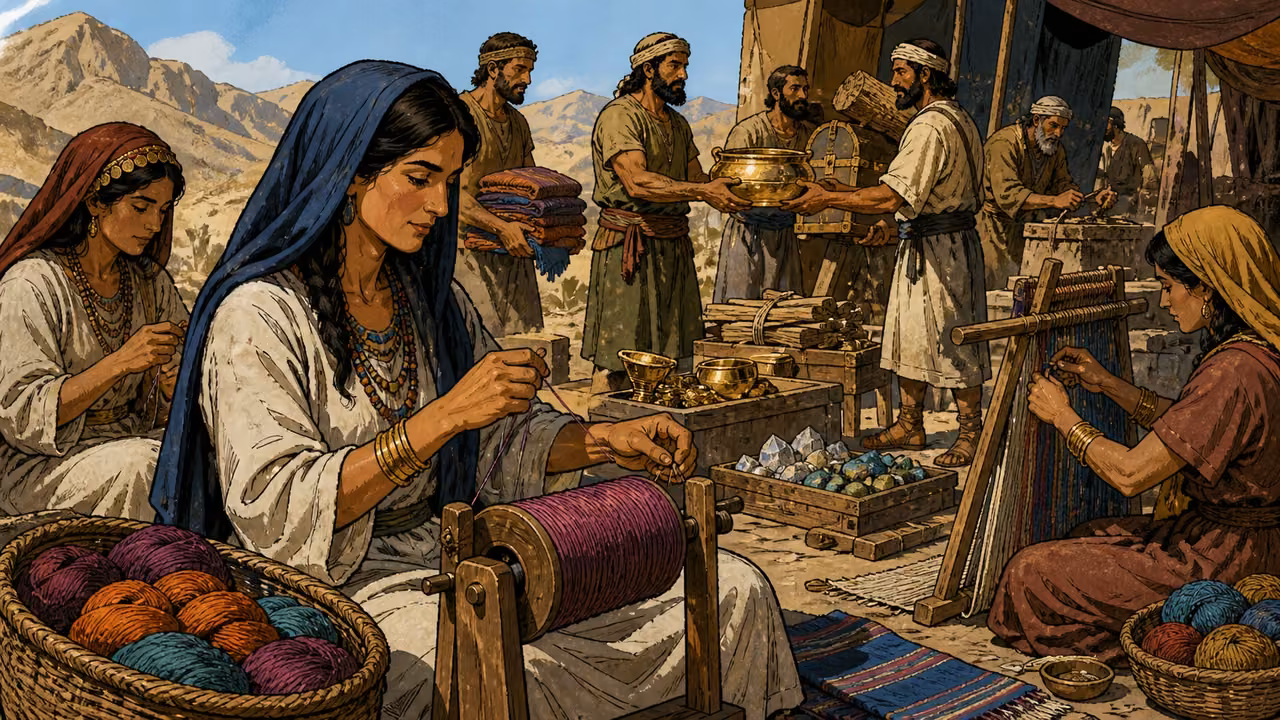 Exodus 35:20-29. Willing hearts. Women spin colored thread while others deliver gold, cloth, wood and stones to artisans. Bronze Age Exodus setting, not first-century staging. One 16:9 single scene. No text or lettering.