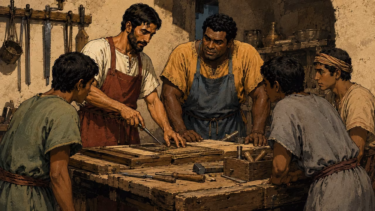 Exodus 35:30-35. The artisans called. Bezalel and Oholiab teach apprentices at a workbench, distinct faces and tools. Bronze Age Exodus setting, not first-century staging. One 16:9 single scene. No text or lettering.