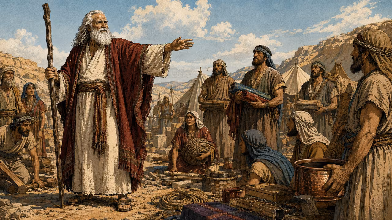Exodus 35:4-19. The work announced. Moses gestures toward a clear work area while people listen with materials at hand. Bronze Age Exodus setting, not first-century staging. One 16:9 single scene. No text or lettering.