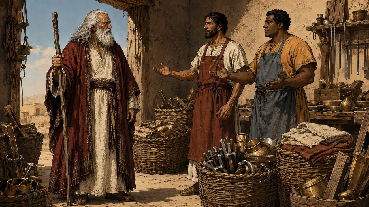 Exodus 36:1-7. More than enough. Artisans ask Moses to stop further deliveries as baskets of supplies fill the workshop. Bronze Age Exodus setting, not first-century staging. One 16:9 single scene. No text or lettering.