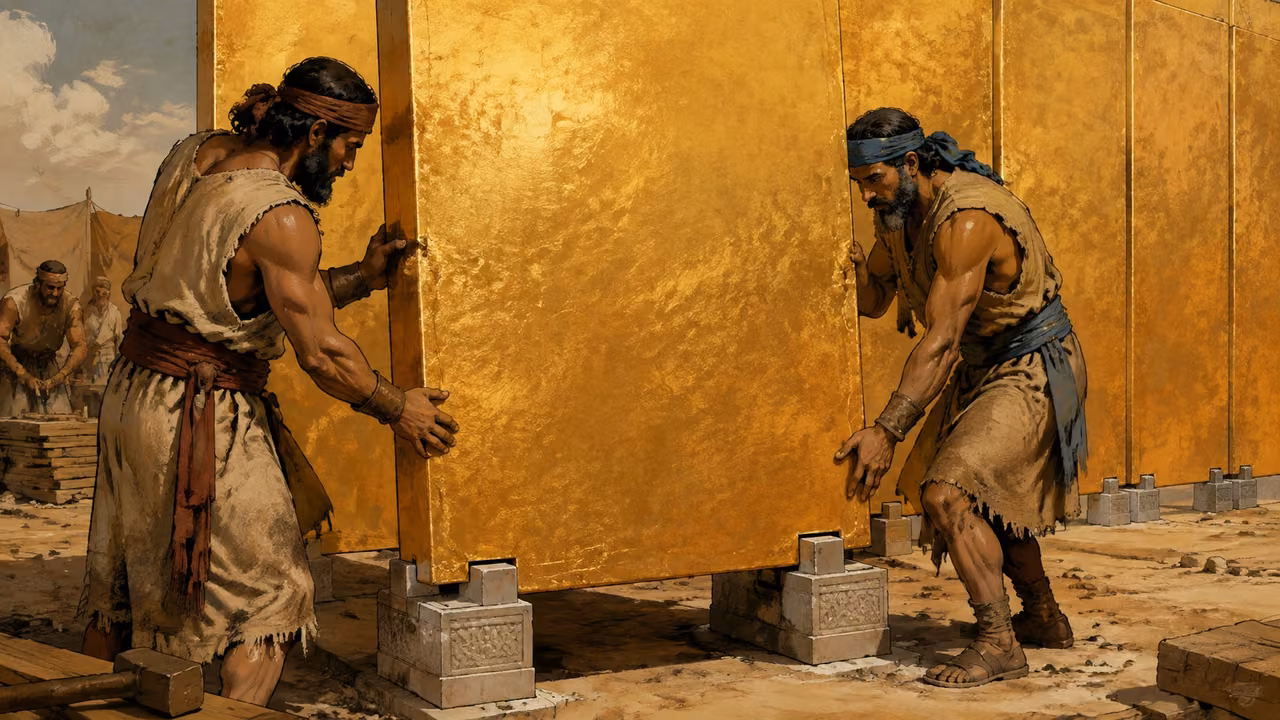 Exodus 36:20-34. The frame built. Carpenters fit broad flat rectangular acacia wall boards overlaid with gold into two separate silver socket bases per board. Construction in progress, unfinished sanctuary. Boards stand edge to edge making a continuous flat gold wall. No round poles, metal tubes, pipe fittings or scaffolding. Focus on two workers lowering one broad board into its two silver sockets. Bronze Age Exodus setting, not first-century staging. One 16:9 single scene. No text or lettering.
