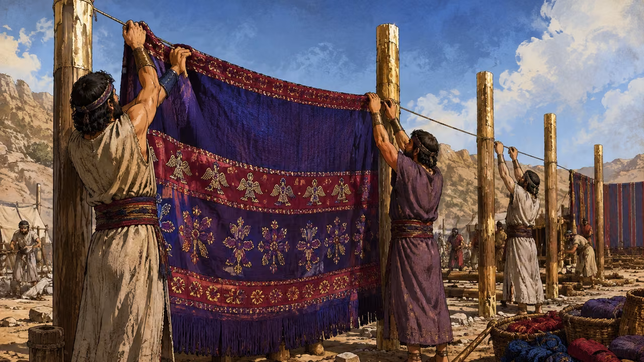 Exodus 36:35-38. Veil and screen completed. Artisans lift an embroidered entrance screen woven of blue, purple and scarlet yarn and fine twisted linen beside five simple acacia posts overlaid with gold. Fabric predominantly deep blue purple scarlet, simple embroidery. Plain straight wooden posts, no classical column capitals. Construction work area, no completed sanctuary presence yet. Bronze Age Exodus setting, not first-century staging. One 16:9 single scene. No text or lettering.