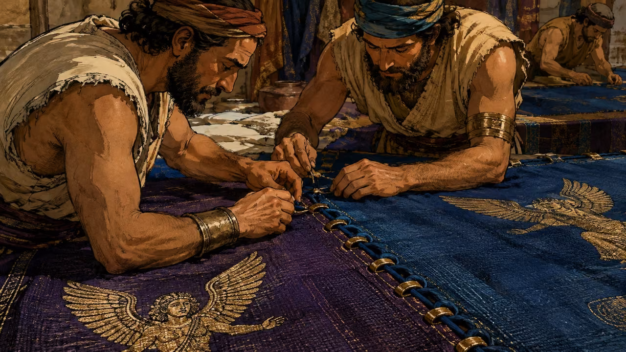 Exodus 36:8-19. The curtains made. Artisans join richly colored linen curtain lengths with blue edge loops and gold clasps while the fabric lies flat on long worktables. Close view of two textile edges being joined directly to each other, not hung on rods. Subtle woven cherubim motifs. No curtain rod or modern hanging system; tactile weaving detail. Bronze Age Exodus setting, not first-century staging. One 16:9 single scene. No text or lettering.
