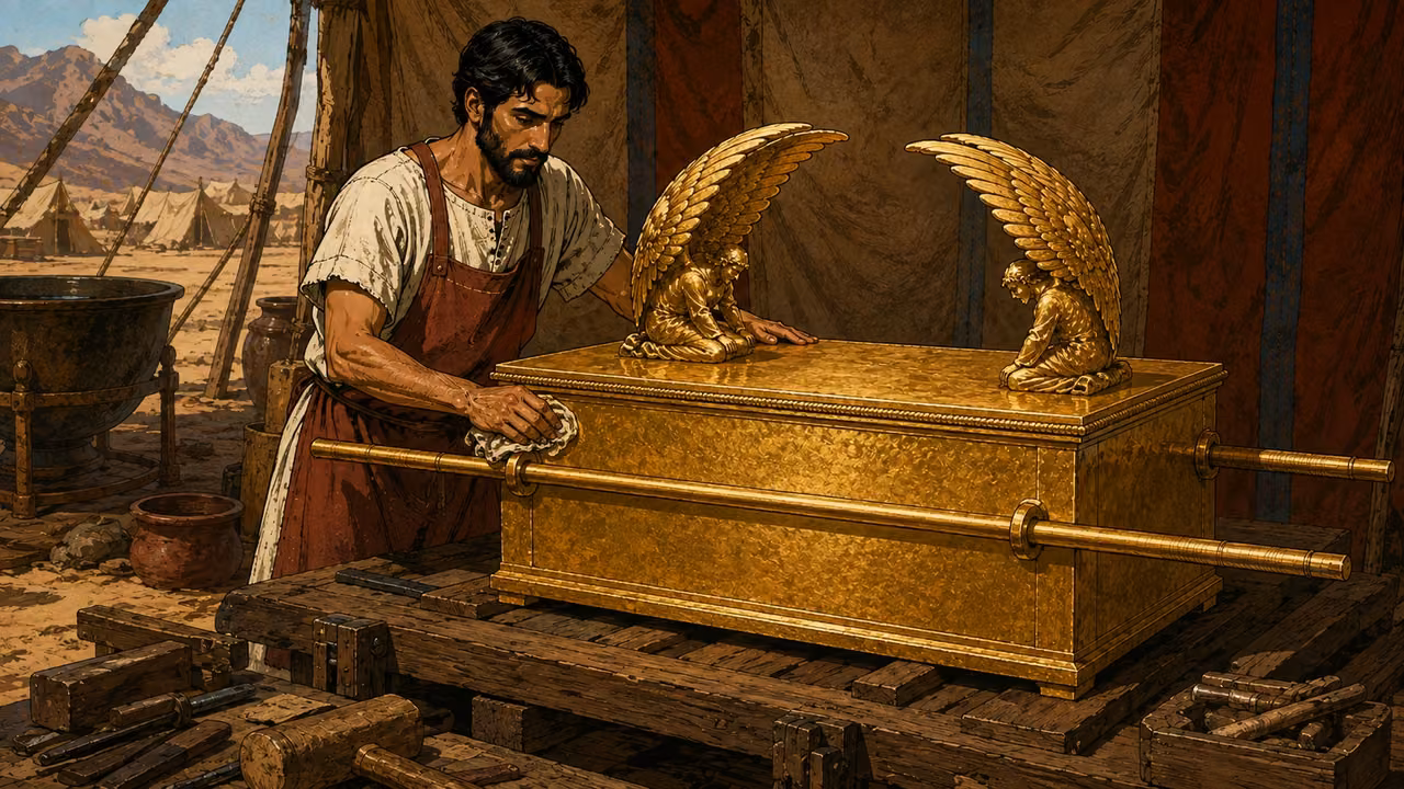 Exodus 37:1-9. Bezalel makes the ark. Bezalel finishes the gold-covered ark and inward-facing cherubim at a workbench. Bronze Age Exodus setting, not first-century staging. One 16:9 single scene. No text or lettering.