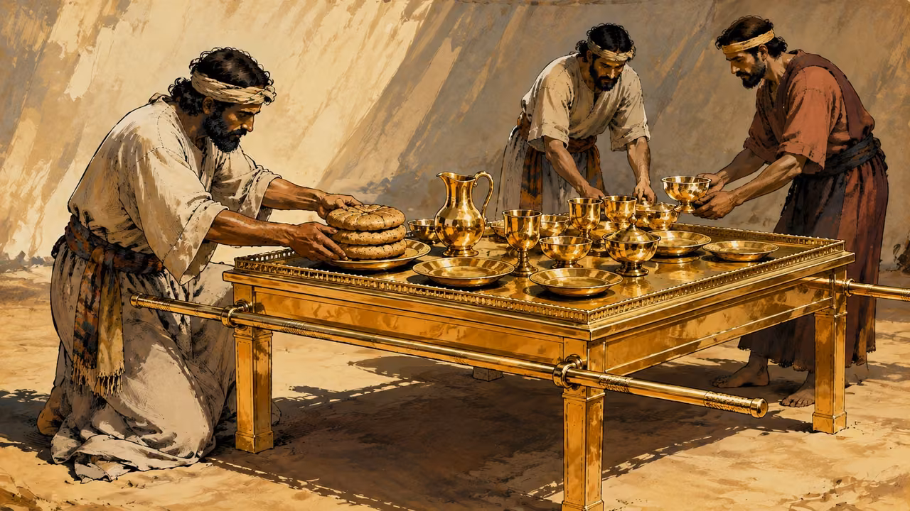 Exodus 37:10-16. The table made. Artisans finish a gold-overlaid table and arrange its dishes and vessels. Bronze Age Exodus setting, not first-century staging. One 16:9 single scene. No text or lettering.