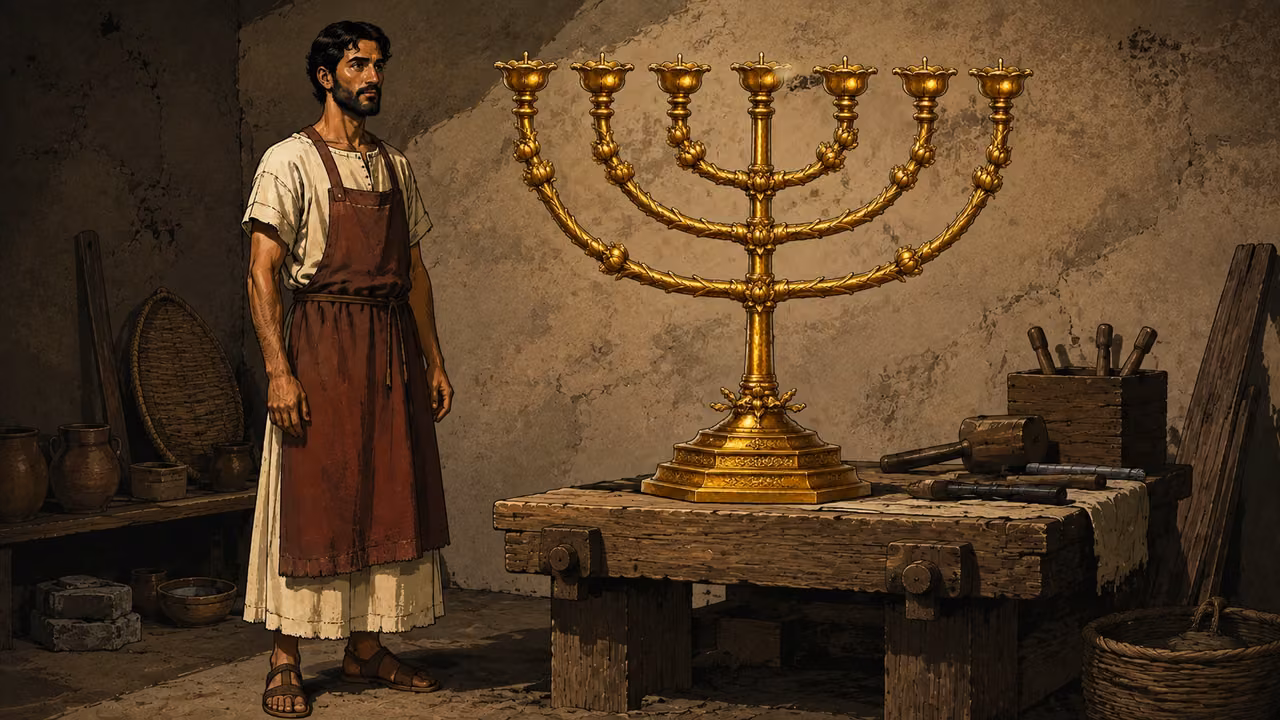 Exodus 37:17-24. The lampstand made. Bezalel inspects a seven-lamp gold lampstand, hammer and tools nearby. Bezalel stands entirely to the left of the lampstand with hands lowered. All seven lamp cups and all six branches fully visible in frontal view, no overlap or occlusion by his body or hands. Bronze Age Exodus setting, not first-century staging. One 16:9 single scene. No text or lettering.