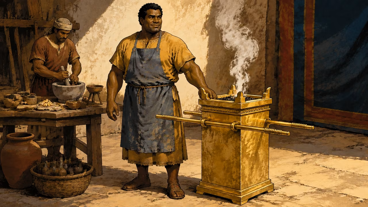 Exodus 37:25-29. Incense altar, oil and incense. Oholiab beside completed gold incense altar with perfumer preparing spices nearby. Bronze Age Exodus setting, not first-century staging. One 16:9 single scene. No text or lettering.