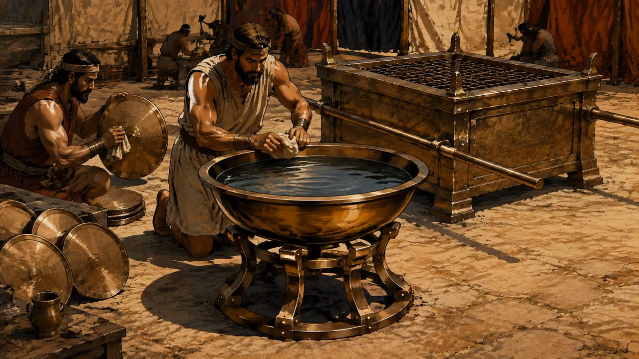 Exodus 38:1-8. Altar and basin. Artisans polish bronze basin near the completed bronze altar; donated bronze mirrors visible. Bronze Age Exodus setting, not first-century staging. One 16:9 single scene. No text or lettering.